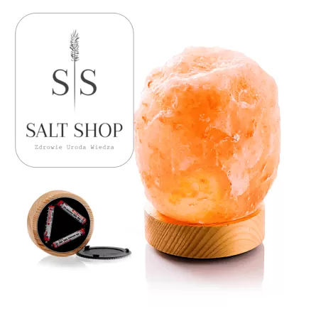 Lampa solna na podstawie z drewna, podświetlanie diodami LED